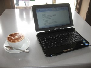 Fujitsu Lifebook TH550M convertible notebook at a Wi-Fi hotspot