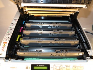 Brother HL-3075CW colour LED printer toner cartridges in place
