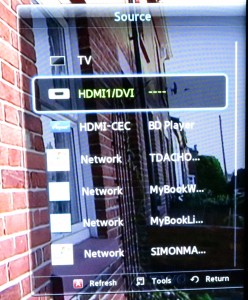 DLNA collections listed as sources on the TV