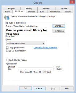 CD rip location in Windows Media Player