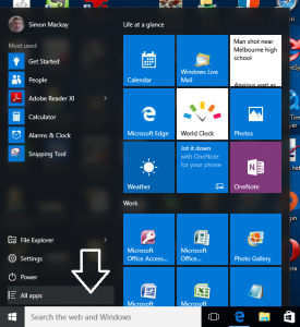 Windows 10 Start Menu - All Apps highlighted