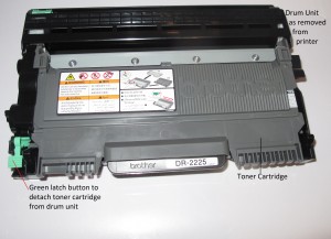 Brother HL-2240D laser printer - toner cartridge and drum unit as removed from printer