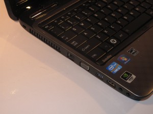 Toshiba Satellite L750 laptop computer - left had side connections (Gigabit Ethernet, VGA, USB 3.0, HDMI, audio input and output)
