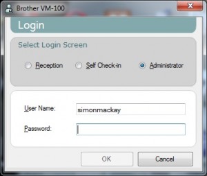 Brother VM-100 visitor management system login screen