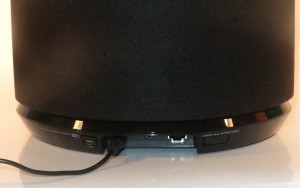 Sony SA-NS410 wireless speaker connections - WPS button, power connection, 3.5mm line-in jack, Ethernet jack, Standby - Network-Standby switch