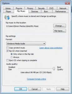 Settings for ripping CDs in Windows Media Player