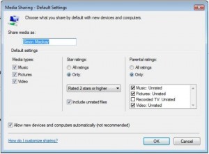 Windows Media Player Sharing settings for DLNA