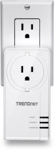 TRENDNet TPL-421E2K HomePlug AV2 MIMO adaptor (US variant) with AC socket plugged in to typical US AC outlet - press picture courtesy of TRENDNet USA