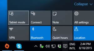 Windows 10 Notification Menu buttons wiht Tablet Mode highlighted