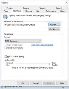 Windows 10 Media Player Options menu - Rip Music settings