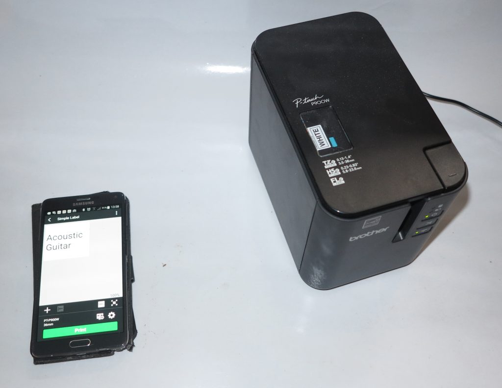 Brother PT-P900W label printer connected to Samsung Galaxy Note 4 Android smartphone