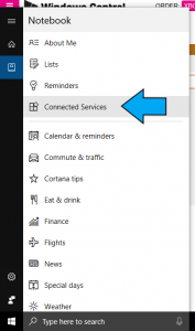 Windows 10 Cortana Notebook menu
