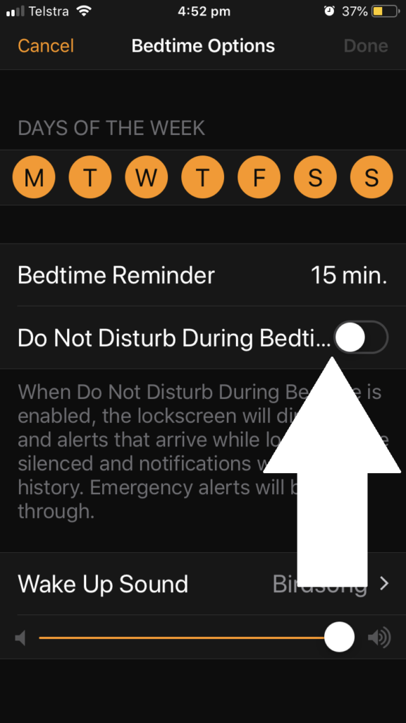 iOS Bedtime Mode options screen with Do Not Disturb option called out