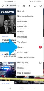 Share option in Google Chrome on Android
