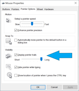 Mouse Options in Windows Control Panel - Pointer Trails called out