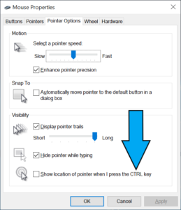 Mouse options in Windows Control Panel - option to highlight mouse pointer when you press CTRL